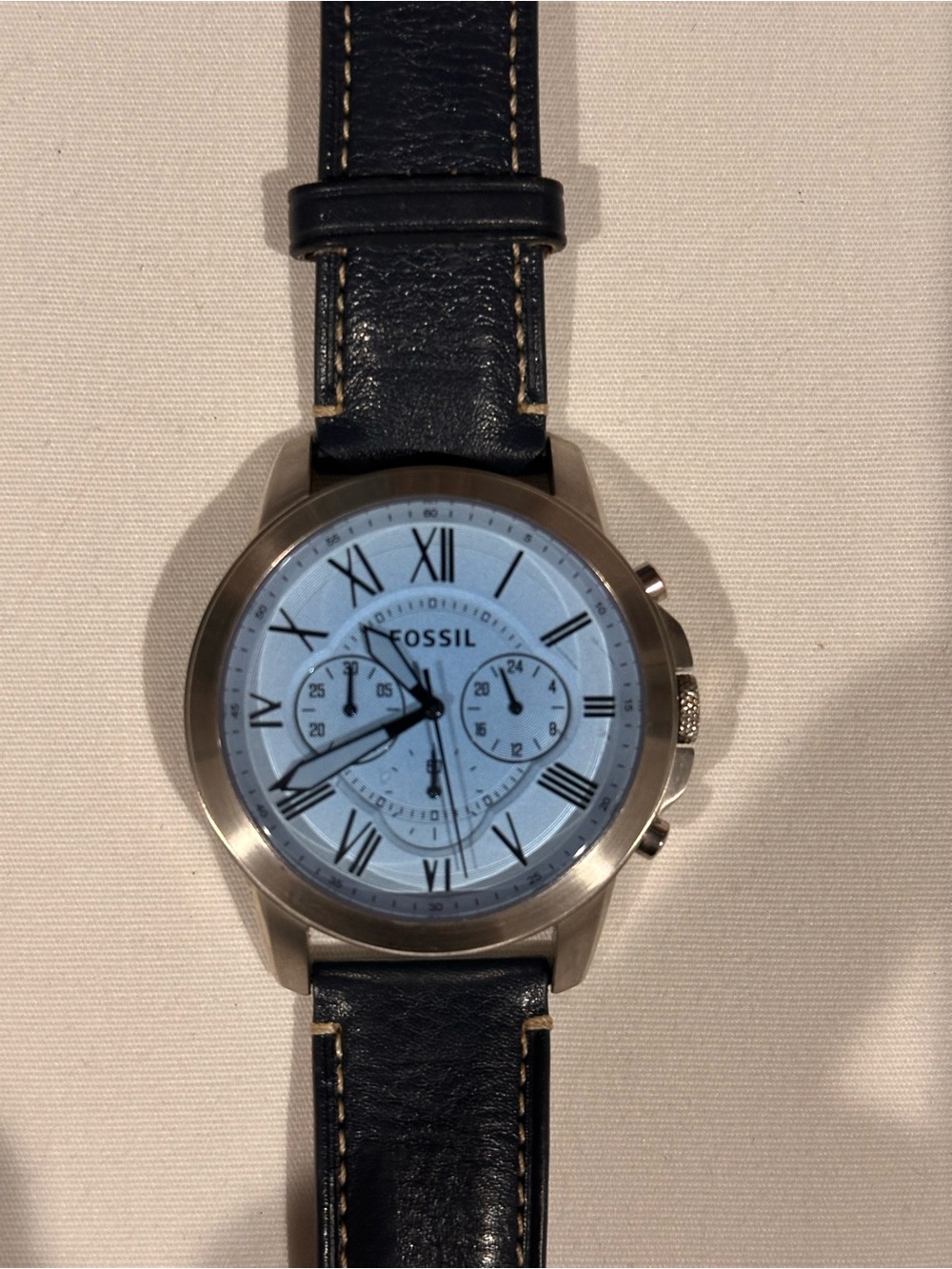 Fossil Chronograph Watch Blue Leather Strap Roman Numeral Stainless Steel
